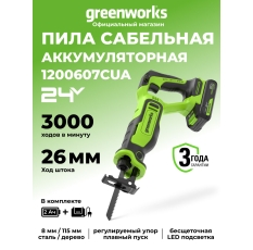 Пила сабельная Greenworks GPT-BLRS-1, 24V, б/щет, 1х2Ач, ЗУ, 1200607CUA в ДНР