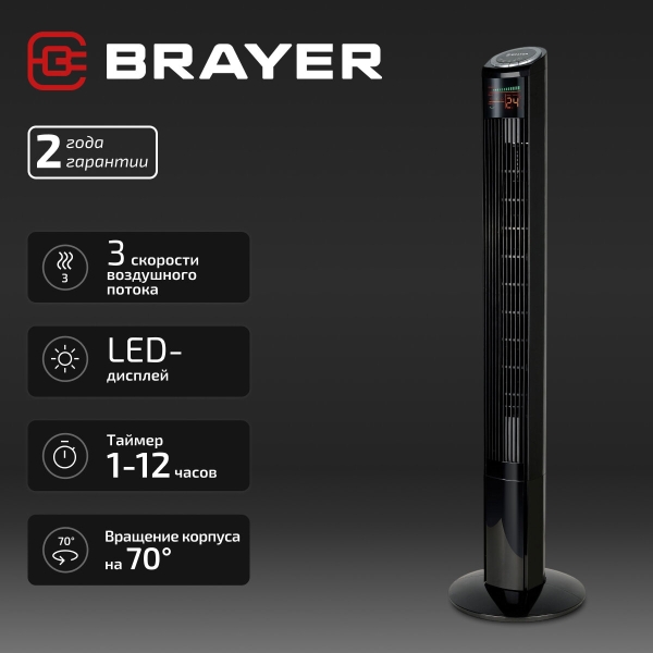 Технопапа · Напольный, колонный вентилятор BRAYER BR4985, LED-дисплей, пульт ДУ, 45Вт, 3 скорости, 3 режима, 124 см, вращение