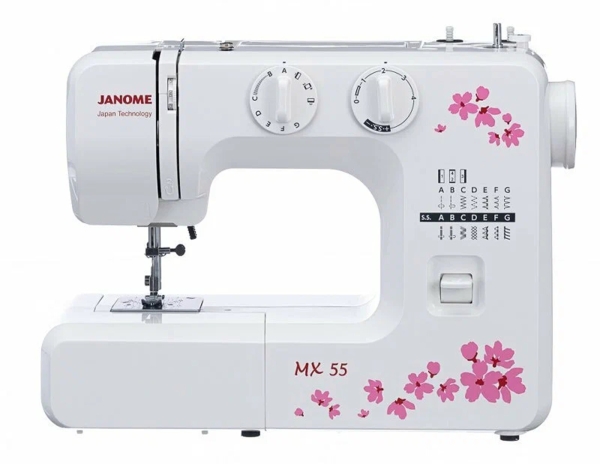 Технопапа · Швейная машина Janome MX-55, качающийся челнок, 15 швейных операций, подсветка, белая/розовая