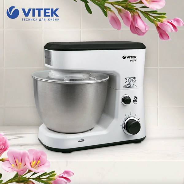 Технопапа · Планетарный миксер VITEK VT-1438, 3 насадки для разных видов теста, импульсный режим, 900Вт, 4л, белый