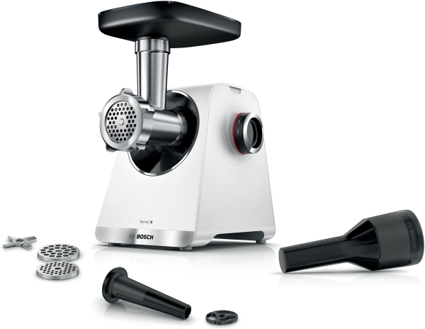 Технопапа · Мясорубка Bosch MFWS609W, пластик, 3 перфорированных диска, система реверса