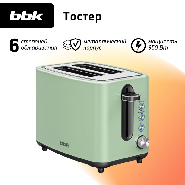 Технопапа · Тостер BBK TR85 серо-зеленый, 950 Вт, 2 тоста, функция подогрева и разморозки