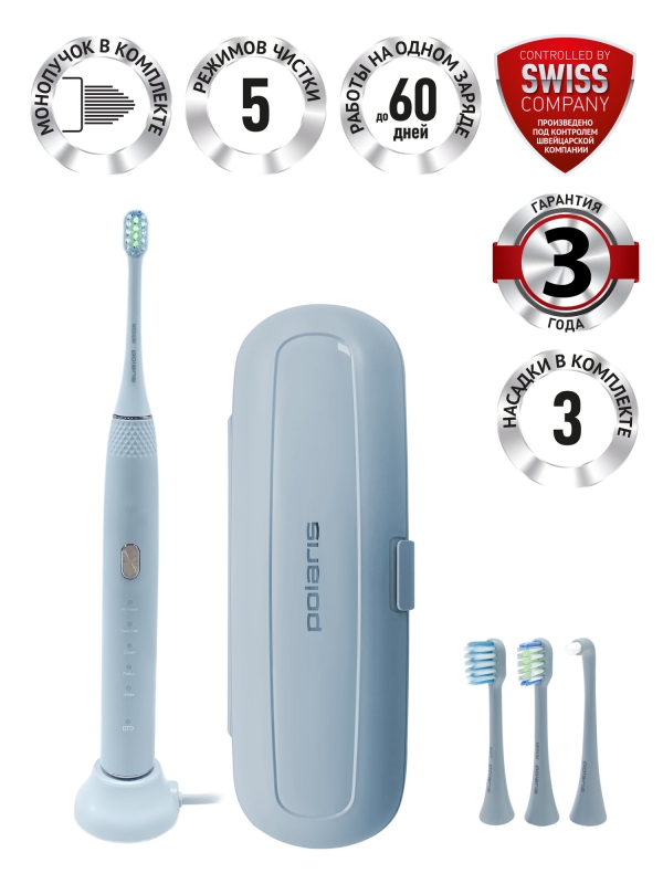 Технопапа · Электрическая зубная щетка звуковая Polaris PETB 0701 TC, светло-голубой