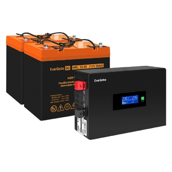Технопапа · Exegate EX297433RUS Комплект ИБП EX295994RUS + батарея 55Ач EX285652RUS 2шт (инвертор, синус, для котла, PF=1, настенный) ExeGate IdealSine SR-1500. LCD.2SH <1500VA/1500W, чистая синусоида, цветной LCD