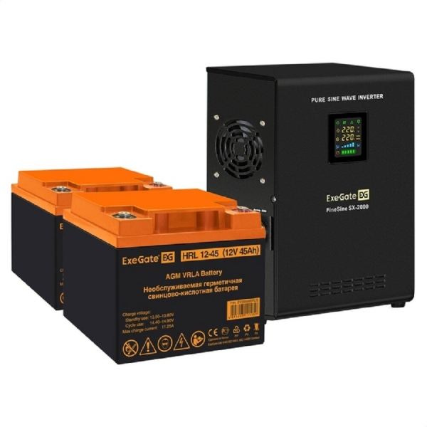 Технопапа · Exegate EX296591RUS Комплект ИБП EX296001RUS + батарея 45Ач EX285666RUS 2шт (инвертор, синус, для котла, настенный) FineSine SX-2000. LCD. AVR.2SH <2000VA/1400W, чистая синусоида, цветной LCD-дисплей, A