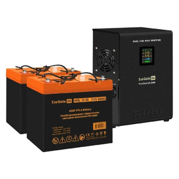 Технопапа · Exegate EX296616RUS Комплект ИБП EX296002RUS + батарея 55Ач EX285652RUS 2шт (инвертор, синус, для котла, настенный) FineSine SX-2500. LCD. AVR.2SH <2500VA/1800W, чистая синусоида, цветной LCD-дисплей, A