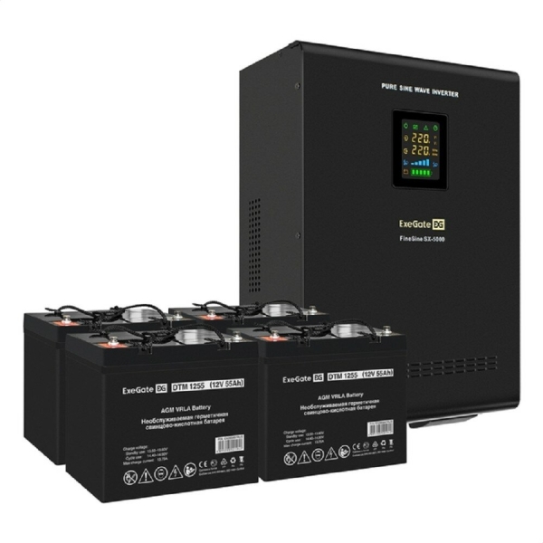 Технопапа · Exegate EX296661RUS Комплект ИБП EX296004RUS + батарея 55Ач EX285667RUS 4шт (инвертор, синус, для котла, настенный) FineSine SX-5000. LCD. AVR.2SH. T <5000VA/3500W, чистая синусоида, цветной LCD-дисплей,