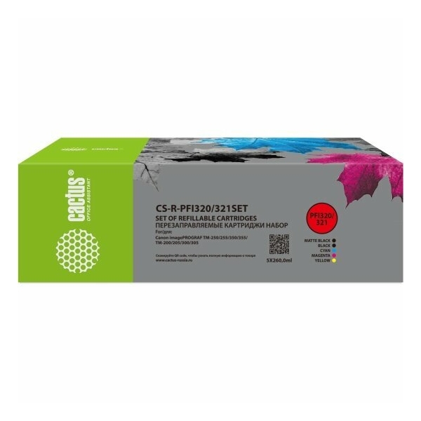 Технопапа · Картридж ПЗК струйный Cactus CS-R-PFI320/321SET PFI-320 / PFI321 черный/черный матовый/голубой/желтый/пурпурный набор 5 шт для Canon imagePROGRAF TM-200/TM-205/TM-250/TM-255/TM-300/TM-305/TM-350/TM-355