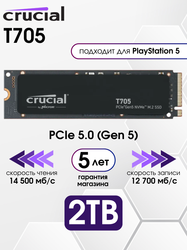 Технопапа · 2 ТБ Внутренний твердотельный накопитель Crucial T705 Gen5 14500 Мб/с (CT2000T705SSD3)