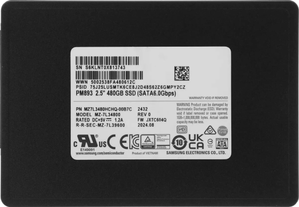 Технопапа · SSD накопитель Samsung PM893 MZ7L3480HCHQ-00B7C 480ГБ, 2.5", SATA III, SATA, oem