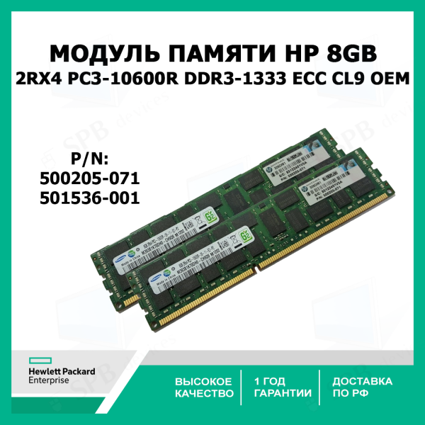 Технопапа · Оперативная память для сервера HP 8Gb 2Rx4 PC3-10600R DDR3-1333 ECC CL9 , 500205-071 , 501536-001 oem