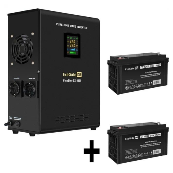 Технопапа · Комплект ИБП EX296001RUS + батарея 120Aч EX282988RUS 2шт ExeGate FineSine SX-2000. LCD. AVR.2SH, черный