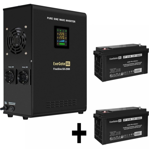 Технопапа · Комплект ExeGate FineSine SX-2500. LCD. AVR.2SH ИБП EX296002RUS + батарея 120Aч EX282988RUS 2шт, черный