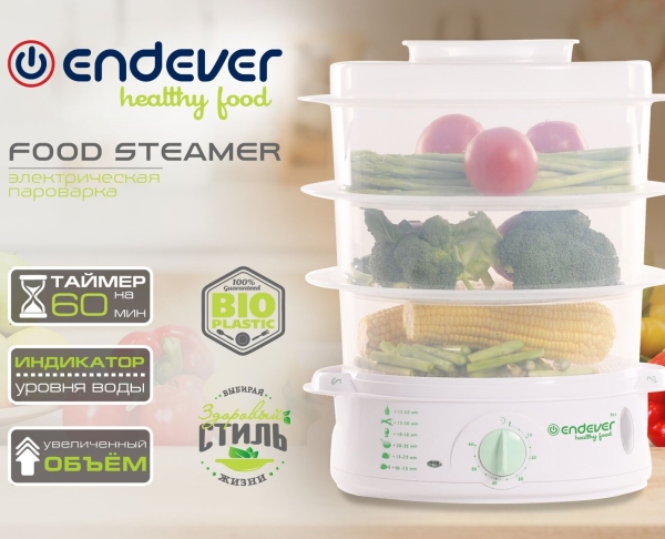 Технопапа · Пароварка Endever Vita 175, 12,8 л, мощность 900Вт, 3 яруса, таймер, защита от перегрева
