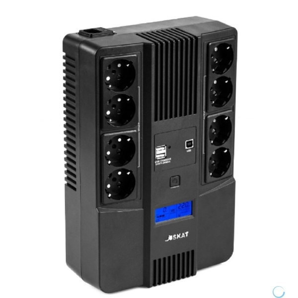 Технопапа · ИБП Бастион SKAT-UPS 800-AID-IN-1x9-8 {Line-interactive, 800/480Вт, LCD-дисплей, USB/ RJ-45, АКБ 1х 9Ач, сверху евро 4+