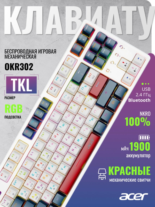 Технопапа · Клавиатура Acer OKR302 механическая белый USB беспроводная BT/Radio for gamer для ноутбука LED