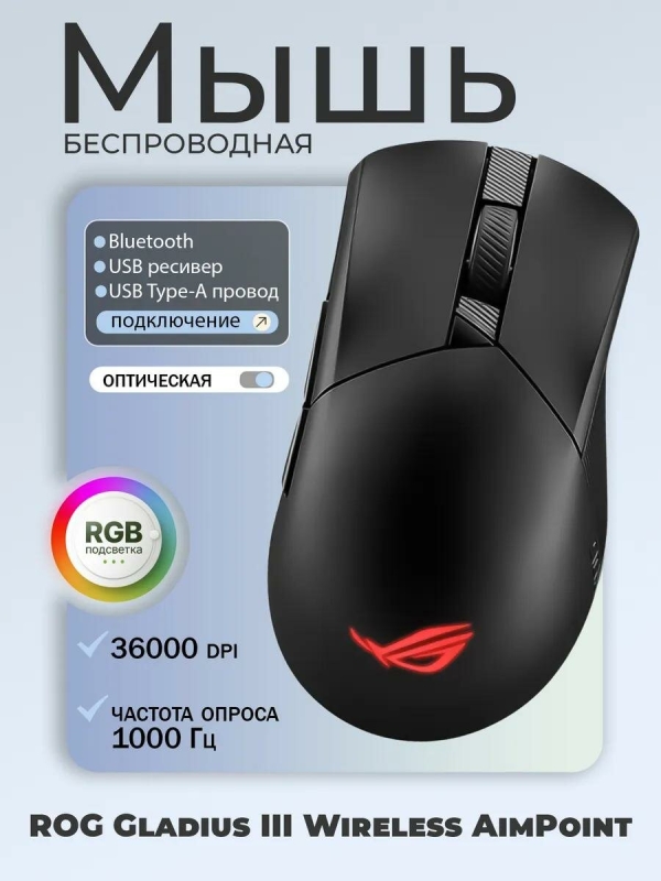 Технопапа · Мышь беспроводная/проводная Asus P711 ROG Gladius III Wireless AimPoint черный (90MP02Y0-BMUA00)