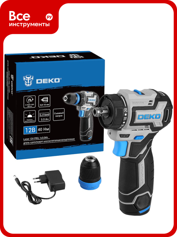 Технопапа · Дрель-шуруповерт аккумуляторная бесщеточная компактная DEKO Loner 12V PRO со съёмным патроном, 12В, 1x3.0Ач 085-1121