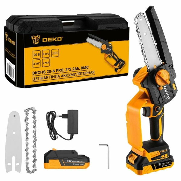 Технопапа · Пила цепная аккумуляторная DEKO DKCHS 20-6 PRO 4" и 6" 20В 2x2.2Ач 2 шины и 2 цепи в кейсе 083-2012
