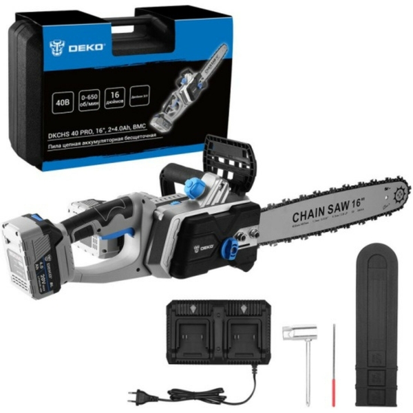 Технопапа · Пила цепная аккумуляторная Deko DKCHS 40 PRO, 16", 2x20В, 2x4.0Ач, в кейсе (063-4357)