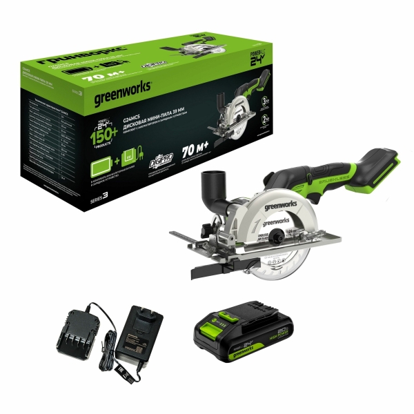 Технопапа · Дисковая мини пила Greenworks G24MCS, 24V, б/щет,120x9,5мм, 6500 об/мин, рез 39мм,1х2Ач, ЗУ, кор , 1501207CUA