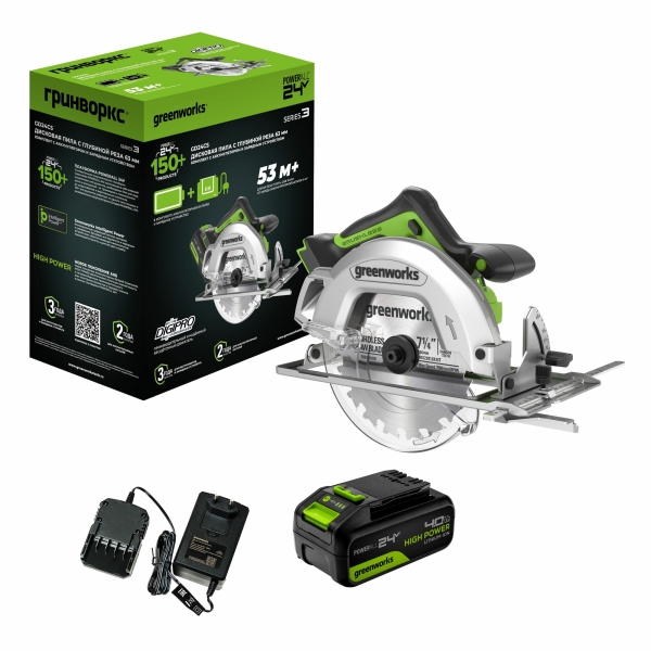 Технопапа · Дисковая пила Greenworks GD24CS, 24V, б/щет, 1х4Ач, ЗУ,1500907CUB