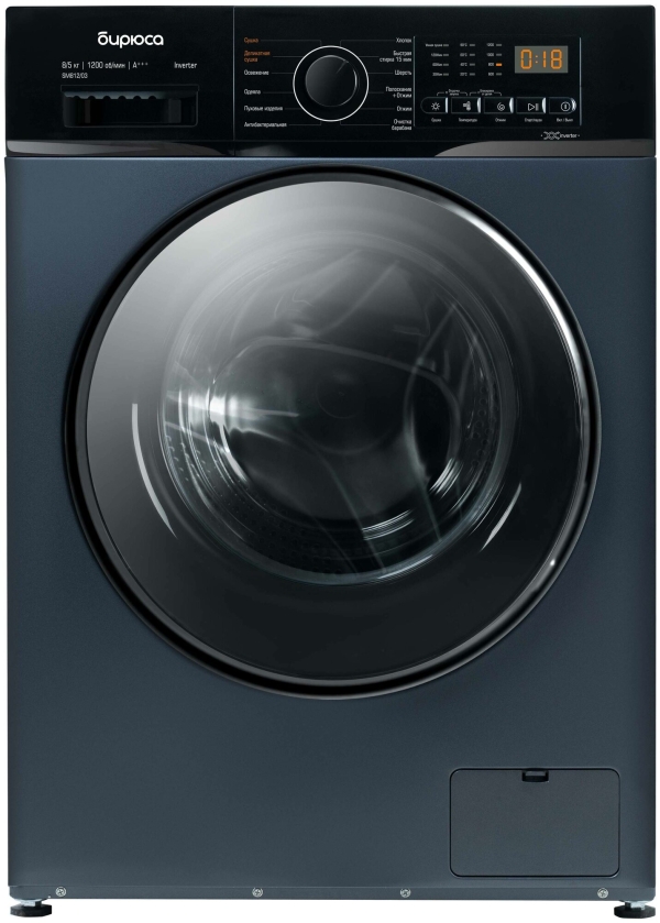 Технопапа · Стирально-сушильная машина Бирюса WMD-SM812/03 W с сушкой и паром, инверторный двигатель, перламутровый синий