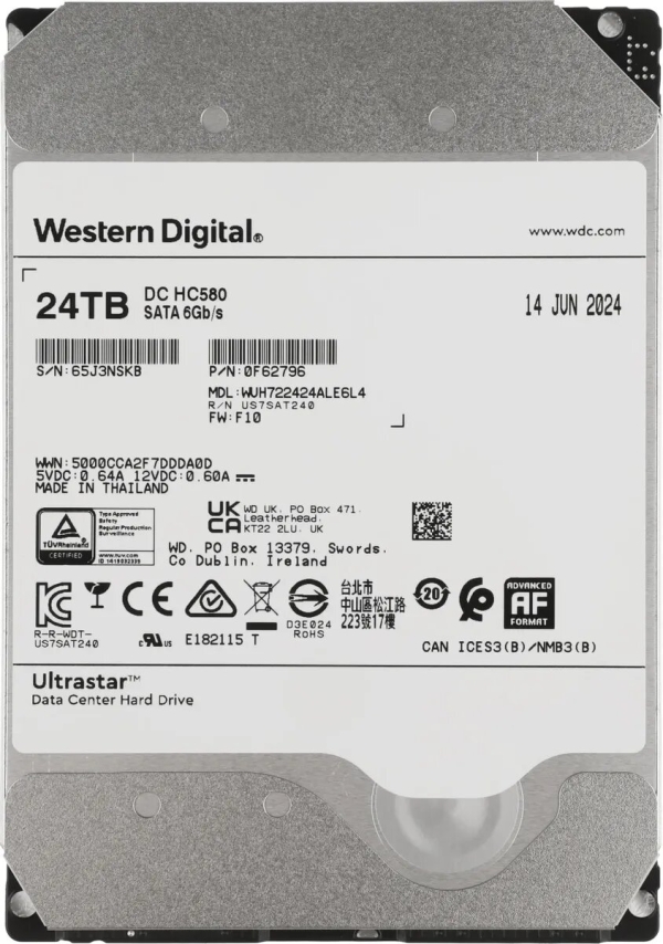 Технопапа · Жесткий диск WD Ultrastar DC HC580 WUH722424ALE6L4, 24ТБ, HDD, SATA III, 3.5"