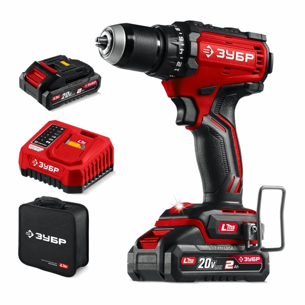 Технопапа · ЗУБР 20 В, 65 Н м, 2 АКБ LMS (2 А ч), бесщеточная дрель-шуруповерт, сумка (ДБ-65-22) ДБ-65-22