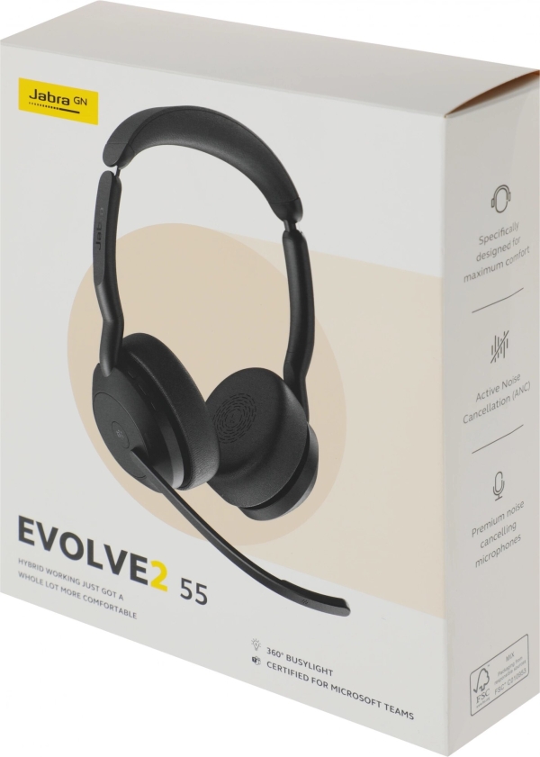 Технопапа · Наушники с микрофоном Jabra Evolve2 55, Link380c MS Stereo черный накладные BT оголовье (25599-999-899)