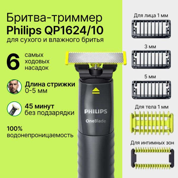 Технопапа · Бритва триммер Philips OneBlade QP1624, для лица, тела, бороды, влагозащищенный
