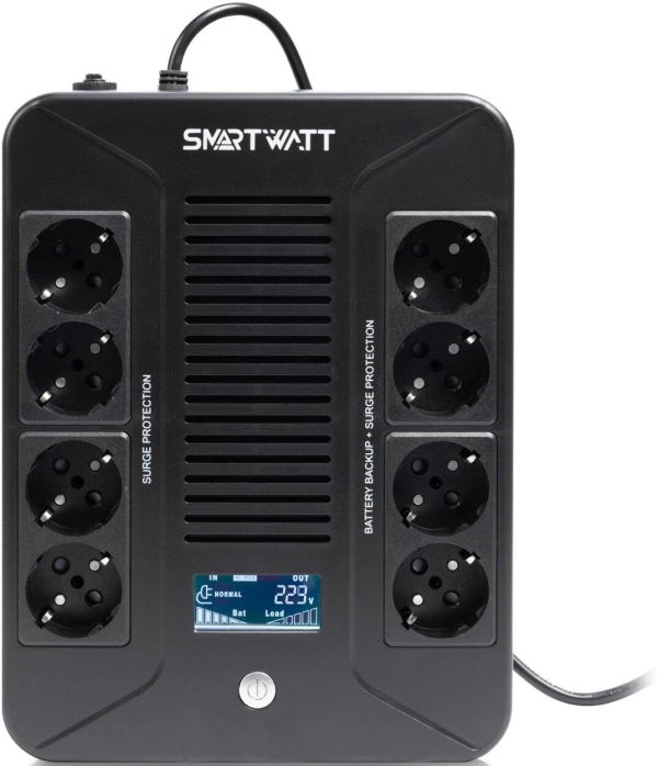 Технопапа · SMARTWATT 3703020280001 ИБП UPS SAFE PRO LCD 600 Line-interactive 600VA/360W Brick (Euro x8, USB, RJ11/RJ45 protection, LCD, 275x210x9