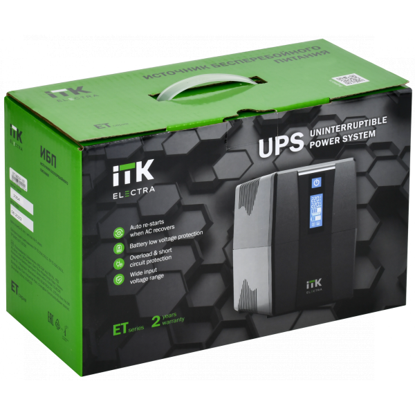Технопапа · ITK ELECTRA ET ИБП однофазный линейно-интерактивный 600ВА/360Вт 2хSchuko LCD дисплей АКБ 1х7AH USB, IEK EET-0600VA-1-001-S (1 шт.)