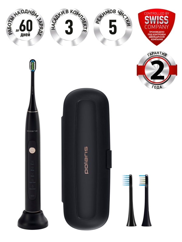 Технопапа · Электрическая звуковая зубная щетка Polaris PETB 0503TC с 3 насадками, черный