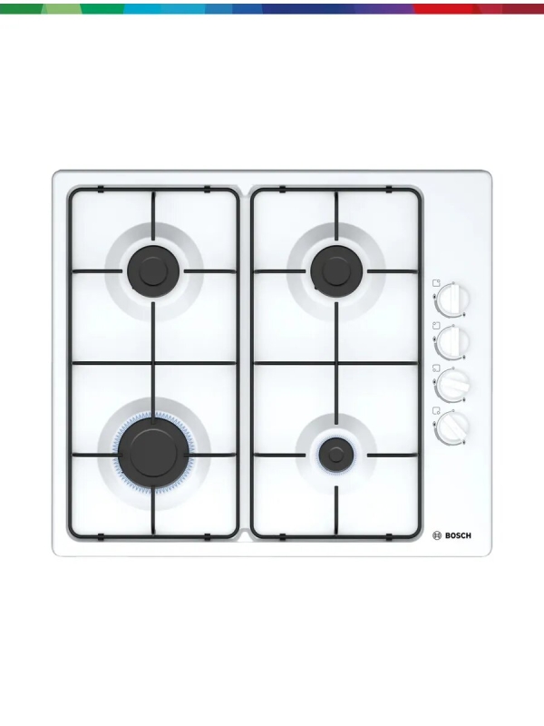 Технопапа · Газовая варочная панель Bosch PBP6C2K80O белого цвета, 4 конфорки, газ-контроль